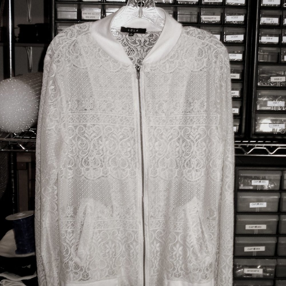 Zip Front Cream Lace Bomber Jacket with Pockets Size Large